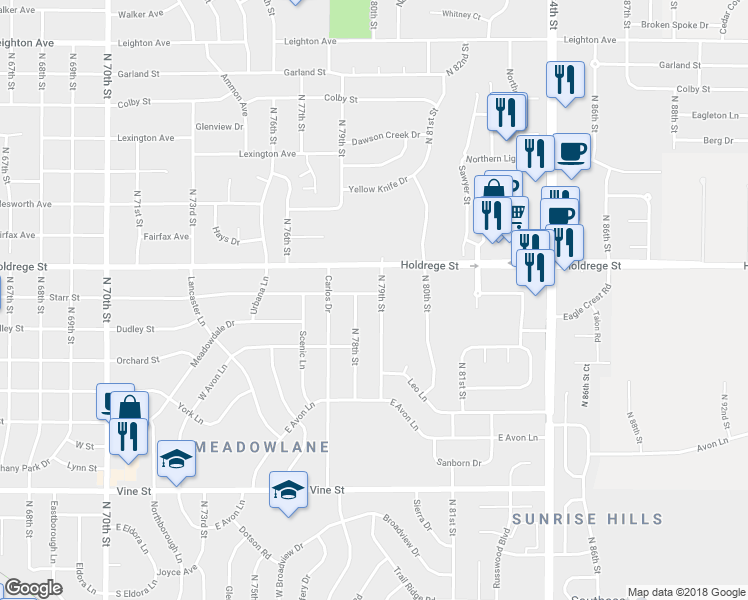 map of restaurants, bars, coffee shops, grocery stores, and more near 1331 North 79th Street in Lincoln