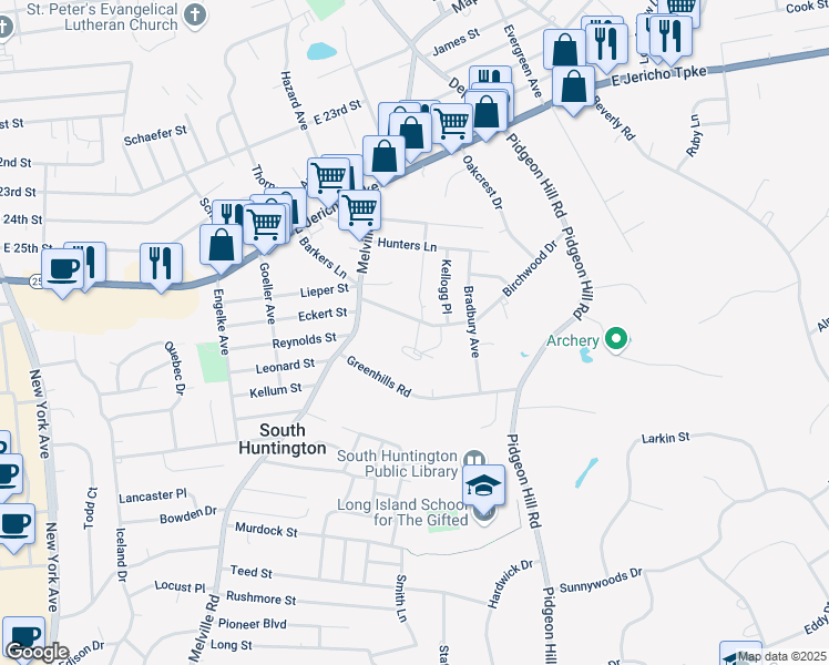 map of restaurants, bars, coffee shops, grocery stores, and more near 76 Birchwood Drive in South Huntington