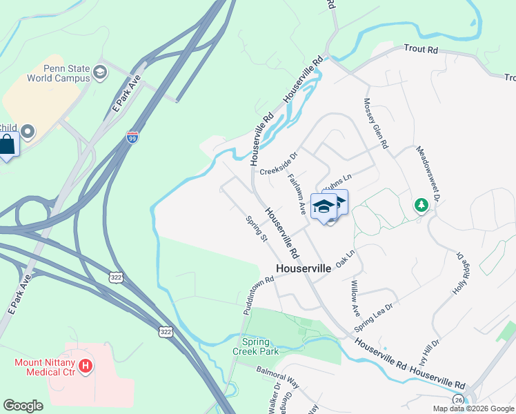 map of restaurants, bars, coffee shops, grocery stores, and more near 1423 Houserville Road in State College