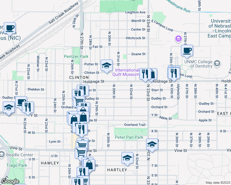 map of restaurants, bars, coffee shops, grocery stores, and more near 1335 North 30th Street in Lincoln