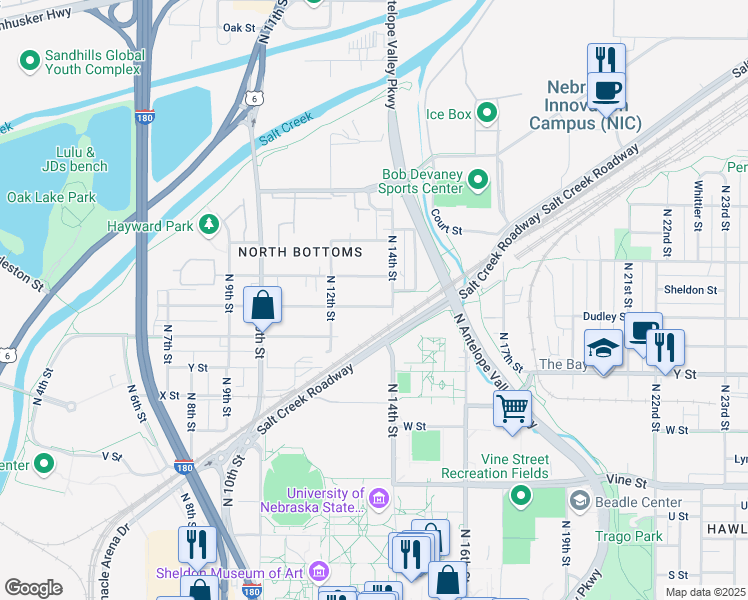 map of restaurants, bars, coffee shops, grocery stores, and more near 1324 New Hampshire Street in Lincoln