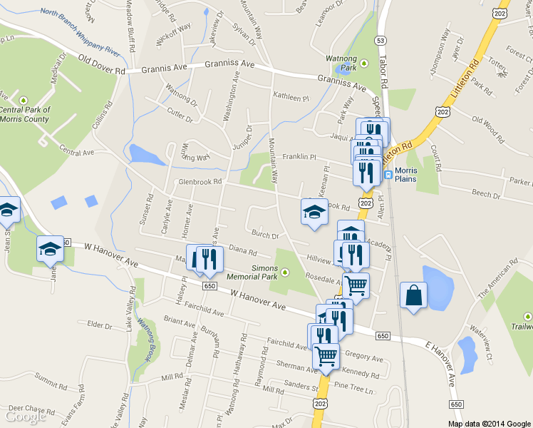 map of restaurants, bars, coffee shops, grocery stores, and more near 8 Burch Drive in Morris Plains
