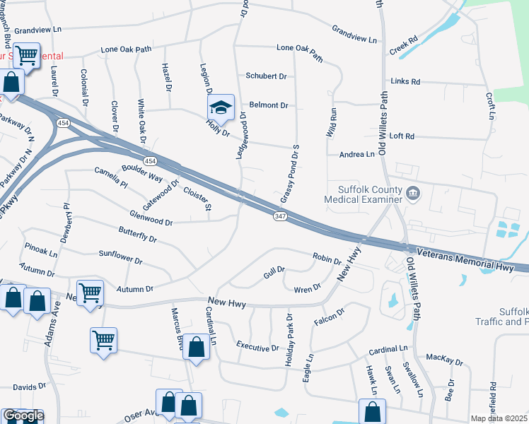 map of restaurants, bars, coffee shops, grocery stores, and more near 610 New York 347 in Hauppauge