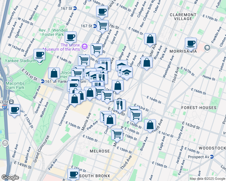 map of restaurants, bars, coffee shops, grocery stores, and more near 963 Teller Avenue in The Bronx