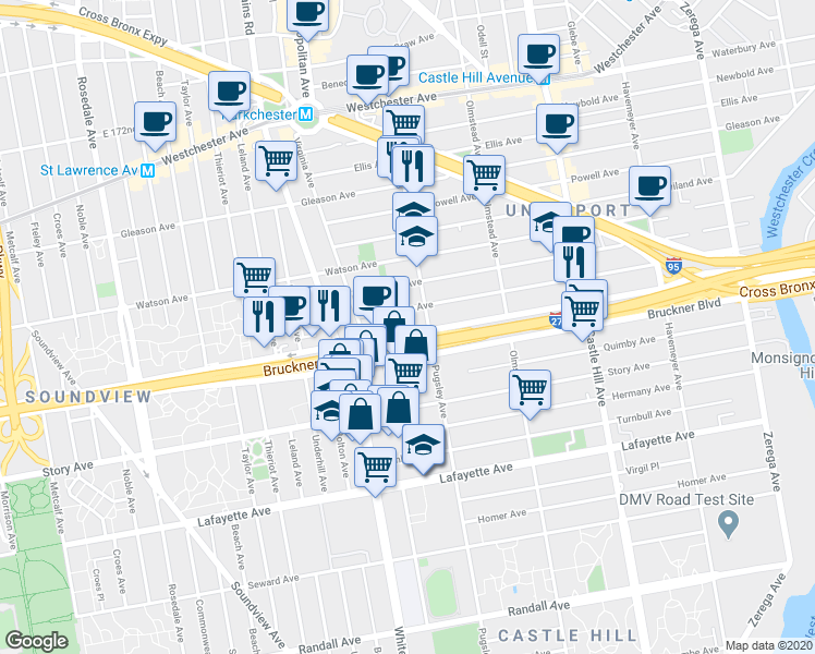 map of restaurants, bars, coffee shops, grocery stores, and more near 1979 Bruckner Boulevard in The Bronx