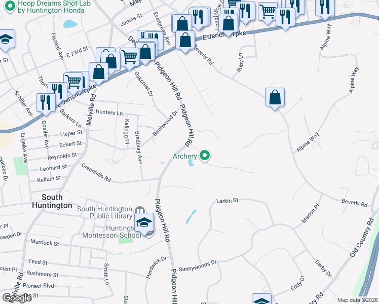 map of restaurants, bars, coffee shops, grocery stores, and more near 86 Pidgeon Hill Road in Huntington Station