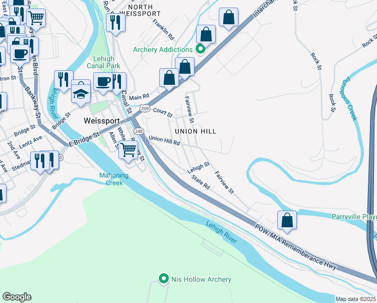 map of restaurants, bars, coffee shops, grocery stores, and more near 321 Held Street in Lehighton