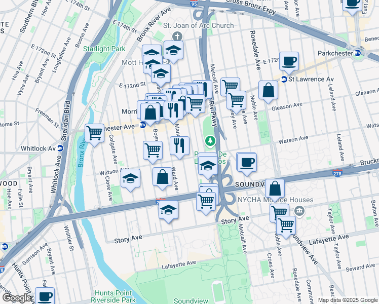 map of restaurants, bars, coffee shops, grocery stores, and more near 1111 Stratford Avenue in Bronx