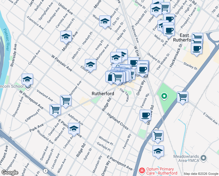 map of restaurants, bars, coffee shops, grocery stores, and more near 124 Park Avenue in Rutherford