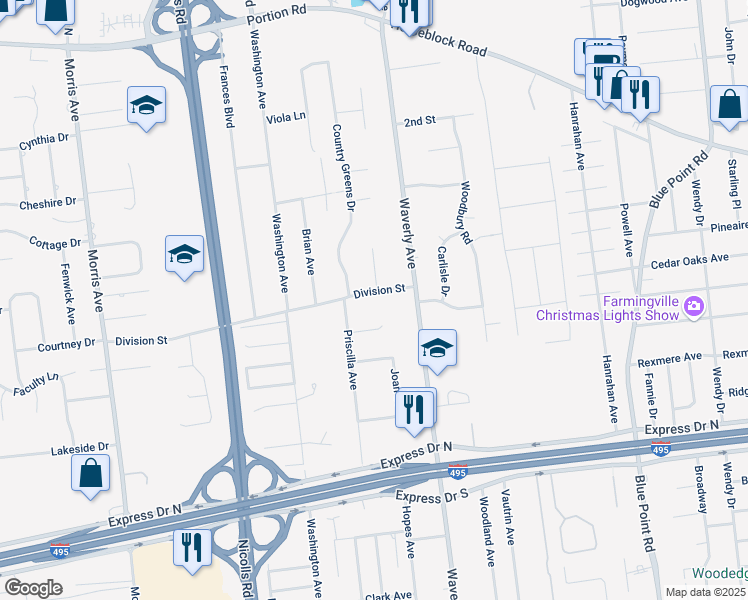 map of restaurants, bars, coffee shops, grocery stores, and more near 10 Division Street in Holtsville