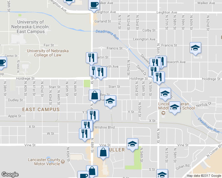 map of restaurants, bars, coffee shops, grocery stores, and more near 5035 Starr Street in Lincoln