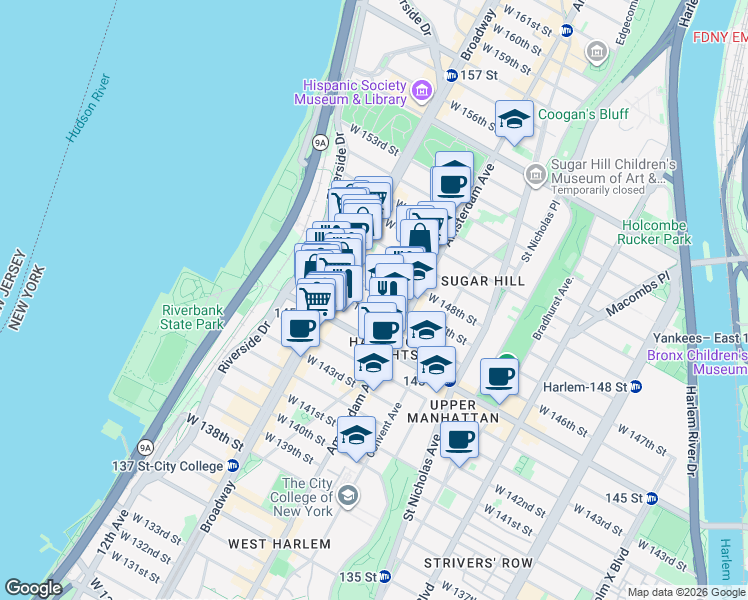 map of restaurants, bars, coffee shops, grocery stores, and more near 522 West 147th Street in New York