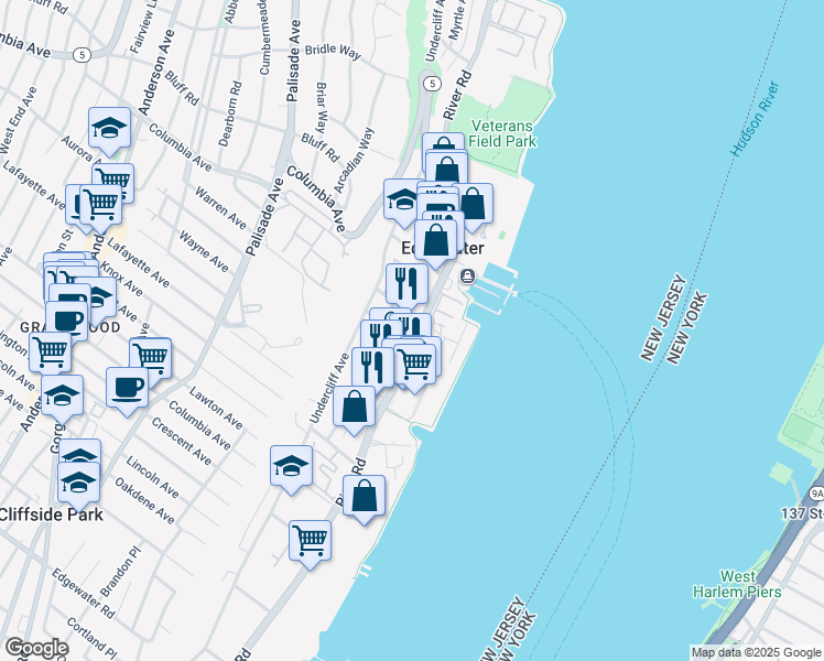 map of restaurants, bars, coffee shops, grocery stores, and more near 10 Dempsey Avenue in Edgewater