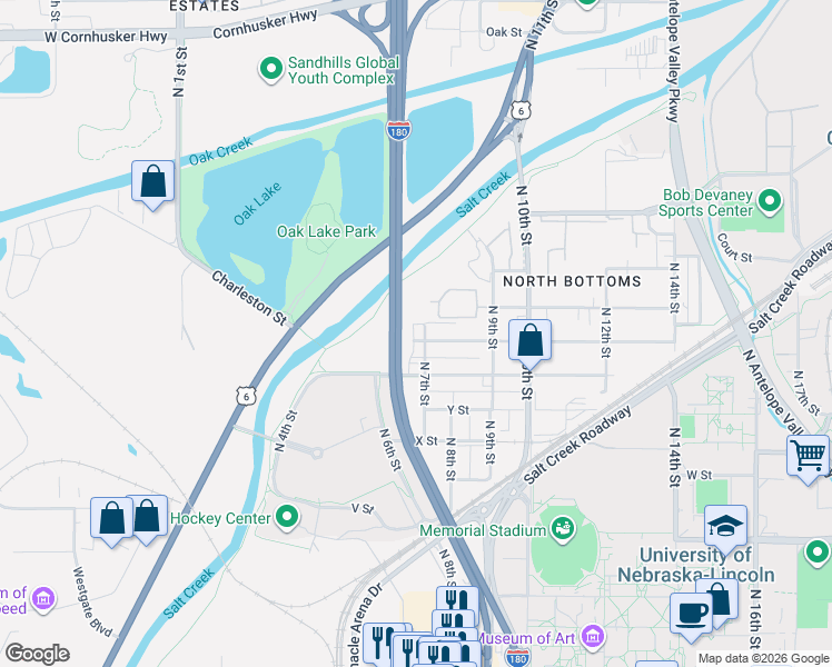 map of restaurants, bars, coffee shops, grocery stores, and more near 628 New Hampshire Street in Lincoln