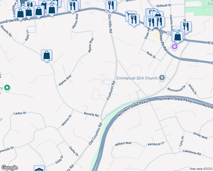 map of restaurants, bars, coffee shops, grocery stores, and more near 29 Foxhurst Road in Huntington Station