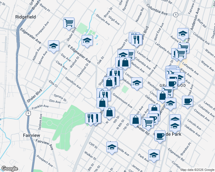 map of restaurants, bars, coffee shops, grocery stores, and more near 553 Bergen Boulevard in Ridgefield