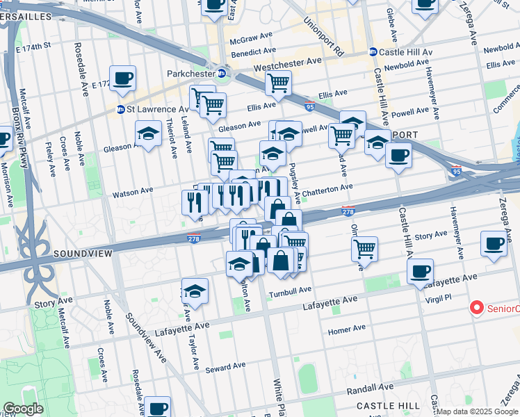 map of restaurants, bars, coffee shops, grocery stores, and more near 1014 Virginia Avenue in Bronx