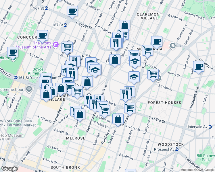 map of restaurants, bars, coffee shops, grocery stores, and more near 995 Brook Avenue in Bronx