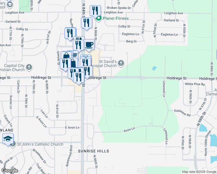 map of restaurants, bars, coffee shops, grocery stores, and more near 8601 Holdrege Street in Lincoln