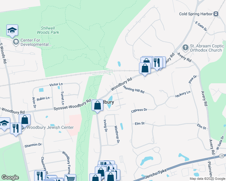 map of restaurants, bars, coffee shops, grocery stores, and more near 2 Hillside Avenue in Woodbury