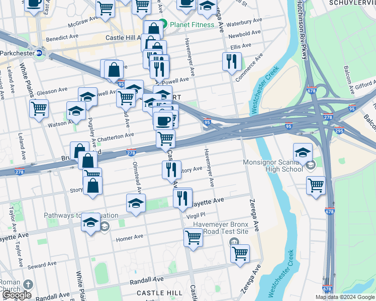 map of restaurants, bars, coffee shops, grocery stores, and more near 2250 Bruckner Boulevard in Bronx