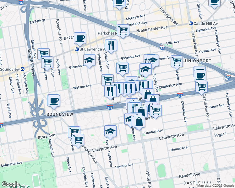 map of restaurants, bars, coffee shops, grocery stores, and more near 1031 Underhill Avenue in Bronx