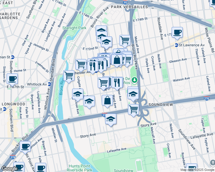 map of restaurants, bars, coffee shops, grocery stores, and more near 1115 Boynton Avenue in Bronx