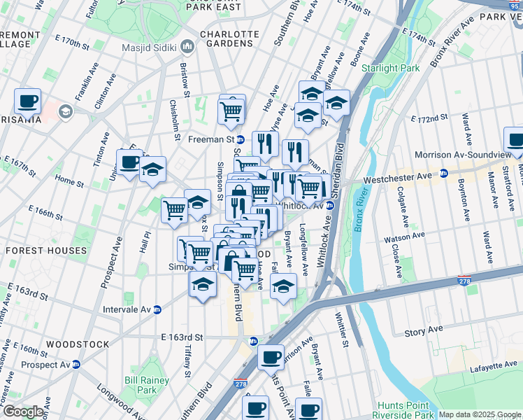 map of restaurants, bars, coffee shops, grocery stores, and more near 1129 Vyse Avenue in Bronx