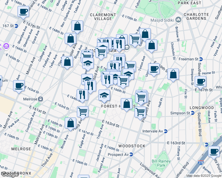 map of restaurants, bars, coffee shops, grocery stores, and more near 1086 Boston Road in Bronx
