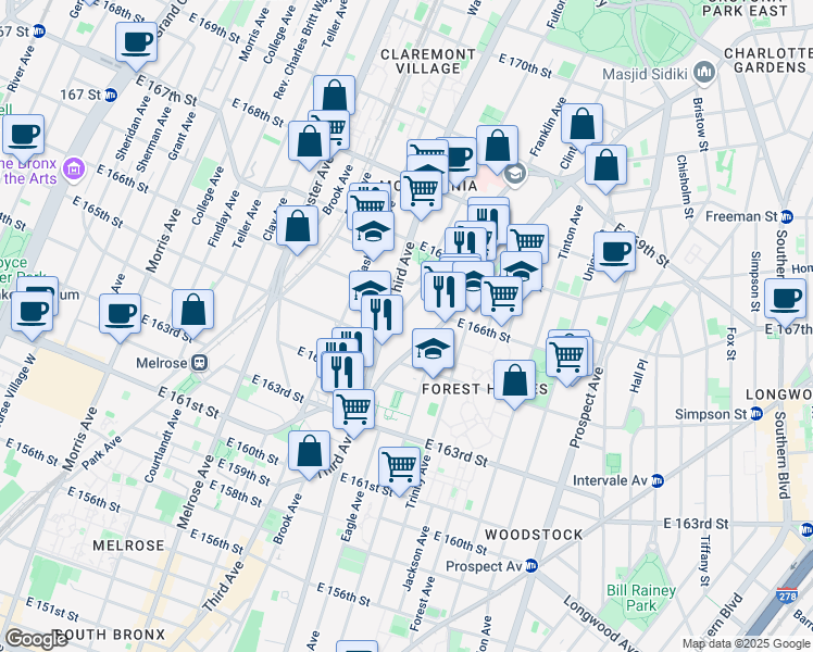 map of restaurants, bars, coffee shops, grocery stores, and more near 1074 Franklin Avenue in Bronx