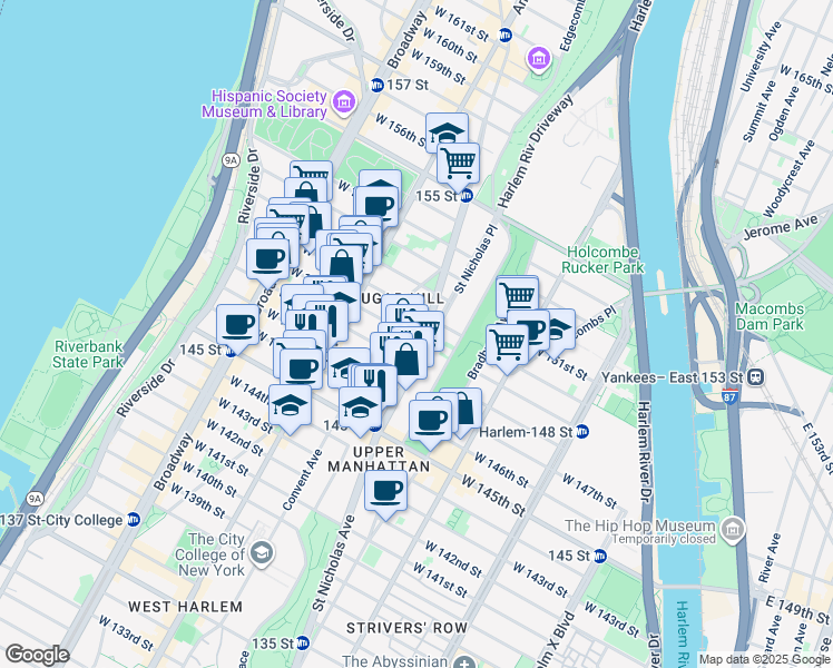 map of restaurants, bars, coffee shops, grocery stores, and more near 416 West 149th Street in New York