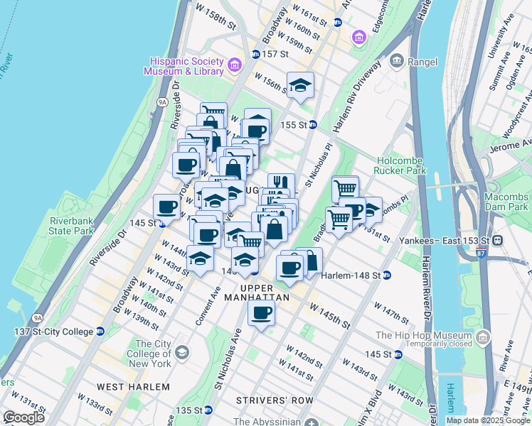 map of restaurants, bars, coffee shops, grocery stores, and more near 416 West 149th Street in New York