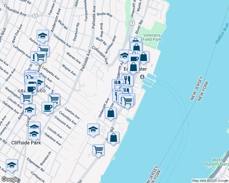 map of restaurants, bars, coffee shops, grocery stores, and more near in Edgewater