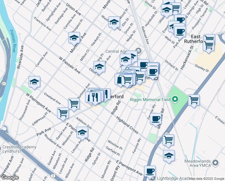 map of restaurants, bars, coffee shops, grocery stores, and more near in Rutherford