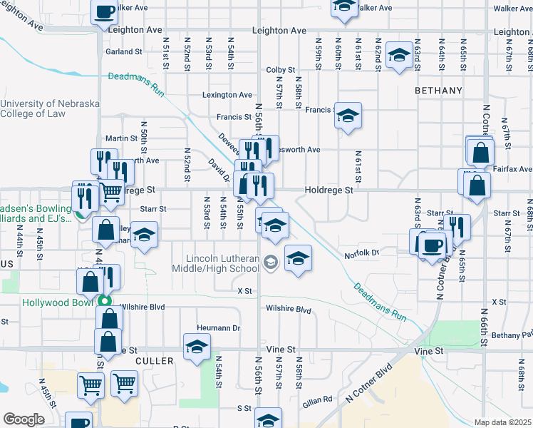 map of restaurants, bars, coffee shops, grocery stores, and more near 1430 North 56th Street in Lincoln