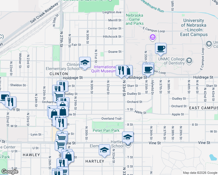 map of restaurants, bars, coffee shops, grocery stores, and more near 3205 Starr Street in Lincoln