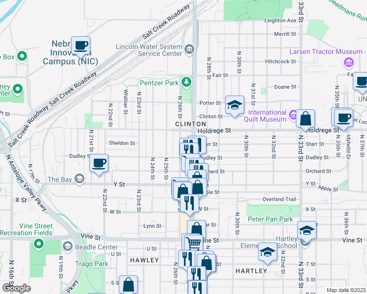 map of restaurants, bars, coffee shops, grocery stores, and more near 1345 North 27th Street in Lincoln