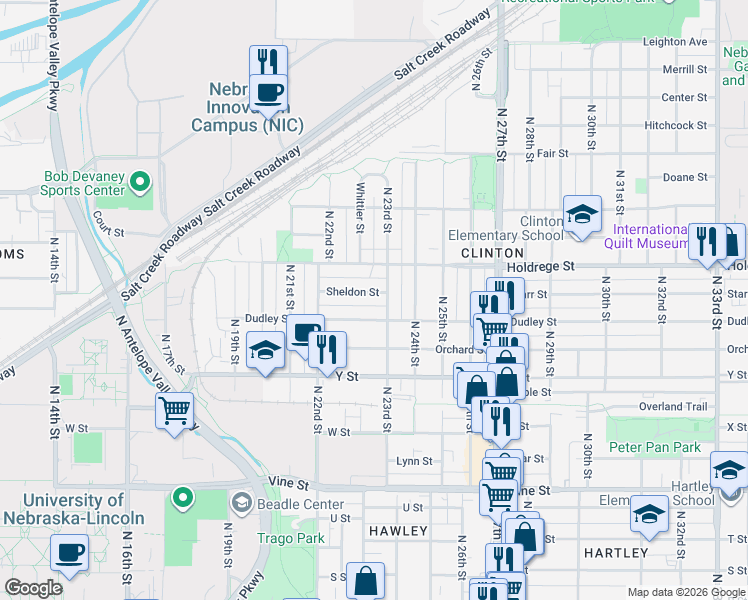 map of restaurants, bars, coffee shops, grocery stores, and more near 2297 Sheldon Street in Lincoln