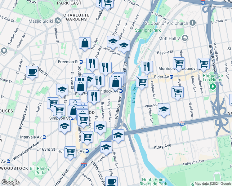 map of restaurants, bars, coffee shops, grocery stores, and more near 1274 Westchester Avenue in The Bronx