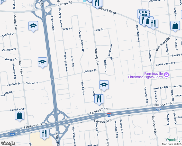 map of restaurants, bars, coffee shops, grocery stores, and more near 10 Division Street in Holtsville