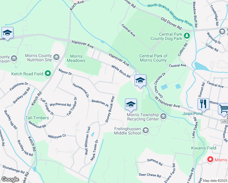 map of restaurants, bars, coffee shops, grocery stores, and more near 35 Manor Drive in Morristown