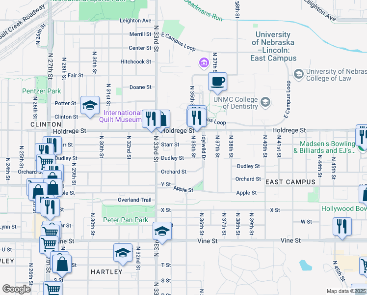 map of restaurants, bars, coffee shops, grocery stores, and more near 3421 Starr Street in Lincoln