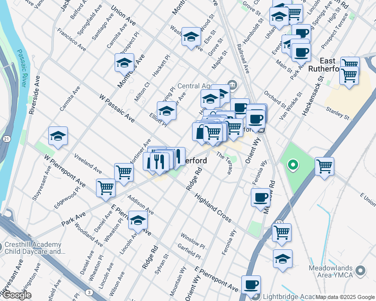 map of restaurants, bars, coffee shops, grocery stores, and more near in Rutherford