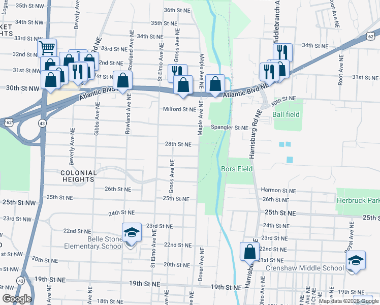 map of restaurants, bars, coffee shops, grocery stores, and more near 1639 27th Street Northeast in Canton