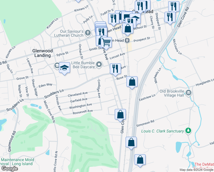 map of restaurants, bars, coffee shops, grocery stores, and more near 23 Hamilton Square in Glen Head