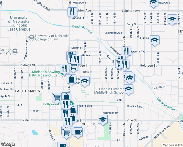 map of restaurants, bars, coffee shops, grocery stores, and more near 5103 Starr Street in Lincoln