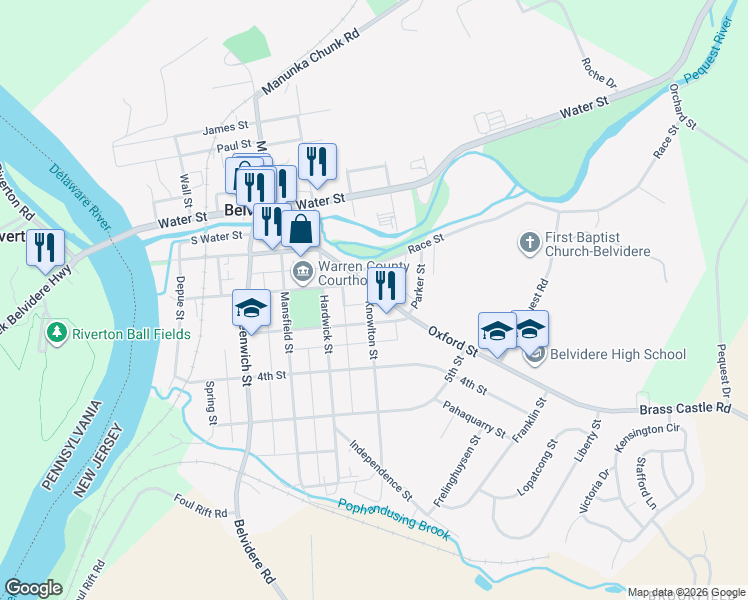 map of restaurants, bars, coffee shops, grocery stores, and more near 620 Oxford Street in Belvidere