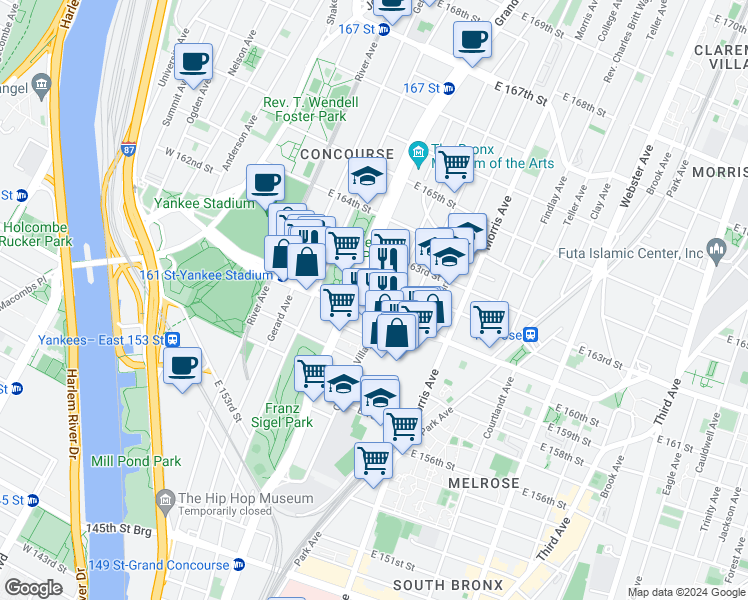 map of restaurants, bars, coffee shops, grocery stores, and more near 181 East 161st Street in The Bronx