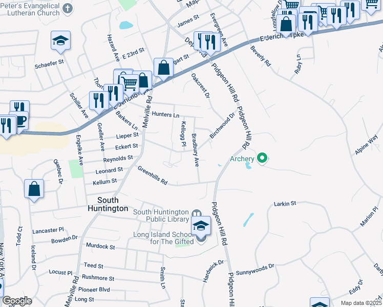map of restaurants, bars, coffee shops, grocery stores, and more near 35 Bradbury Avenue in Huntington Station
