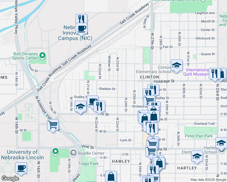 map of restaurants, bars, coffee shops, grocery stores, and more near 2297 Sheldon Street in Lincoln